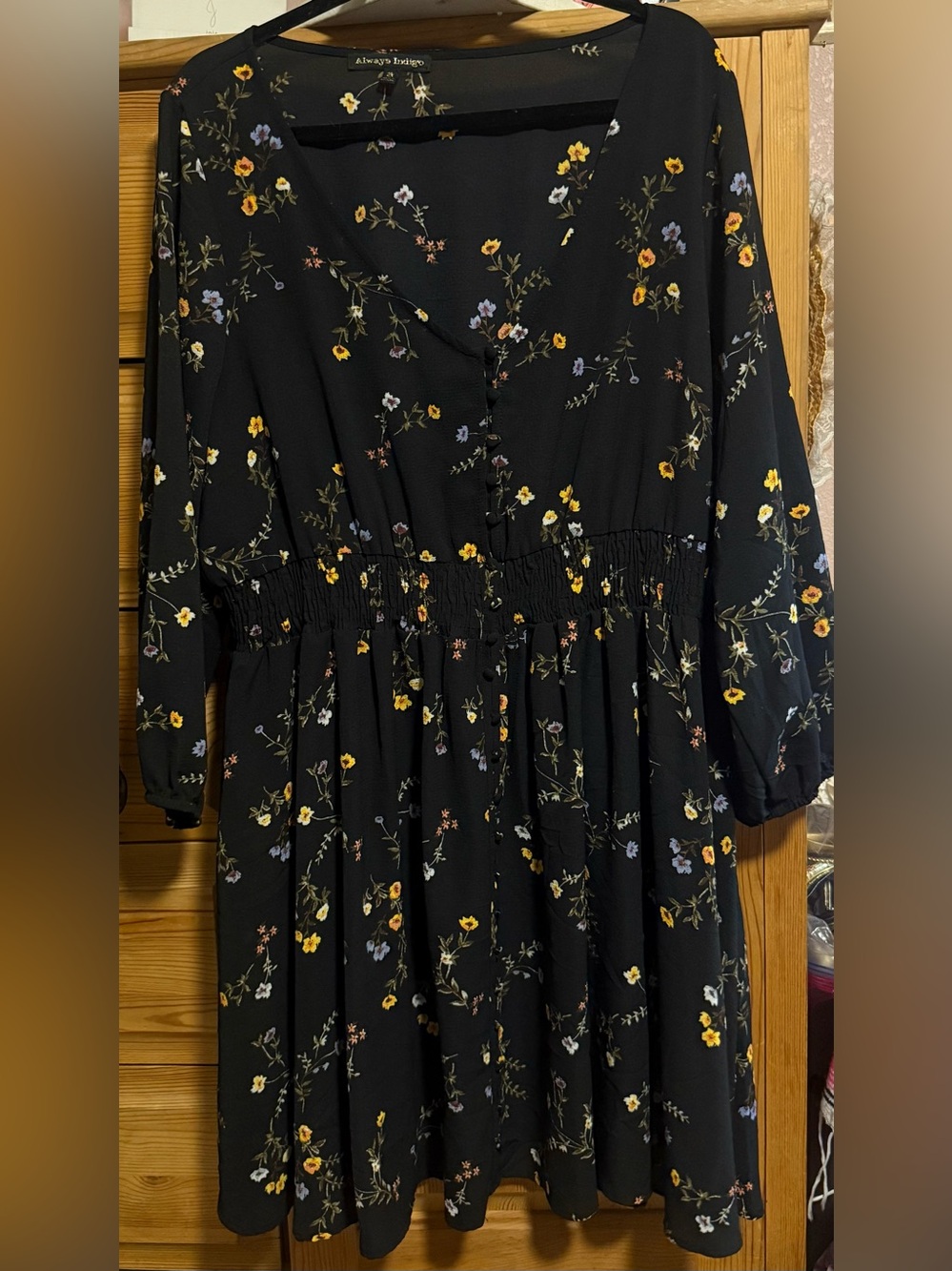 Always Indigo Black Floral Long Sleeve Smocked Waist Dress